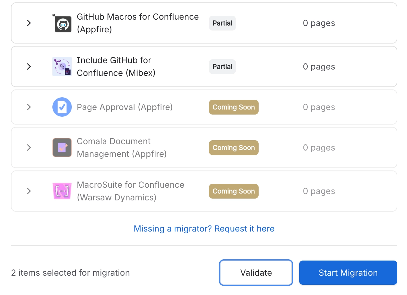 The foot of the app list in the migration assistant, showing apps marked Coming Soon, a link reading Missing a migrator, and Validate and Start Migration buttons beside the text two items selected for