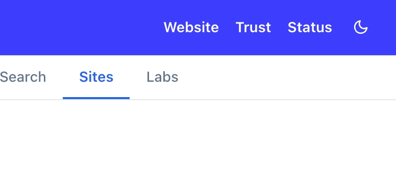 A published site header in blue carrying the links Website, Trust and Status and a moon icon, above a row of space tabs.