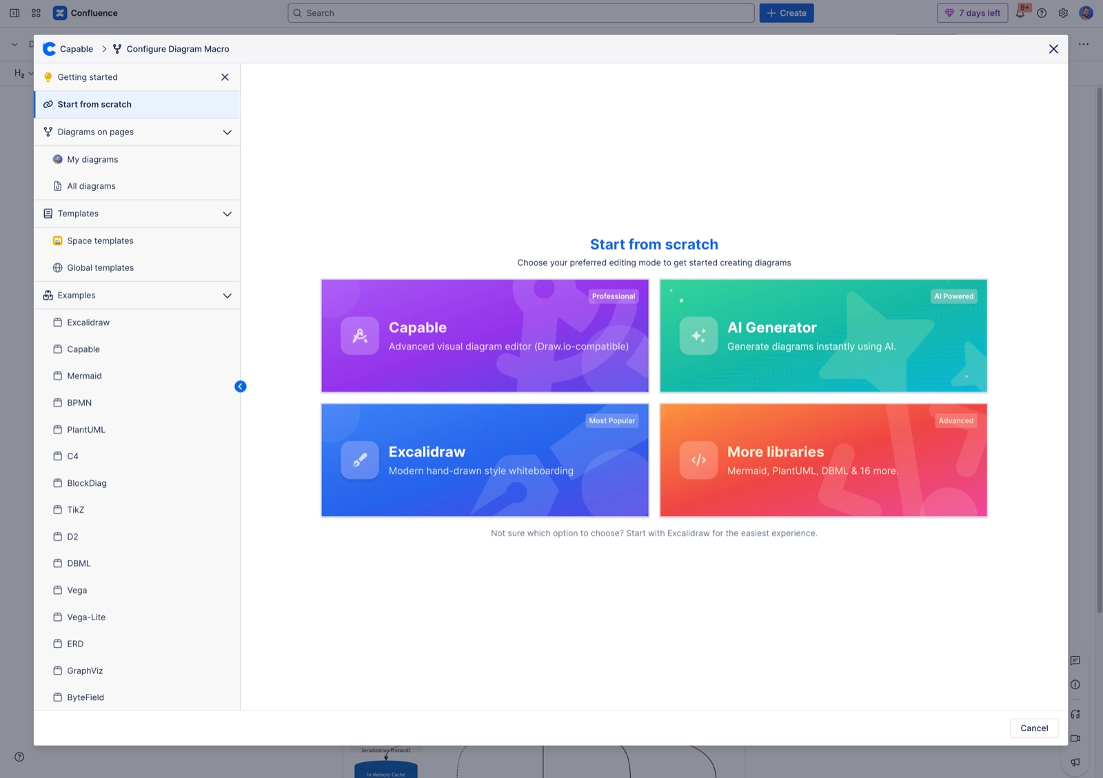 The Configure Diagram Macro dialog showing Start from scratch with four cards, Capable, AI Generator, Excalidraw and More libraries, and a sidebar listing diagrams on pages, templates and language exa