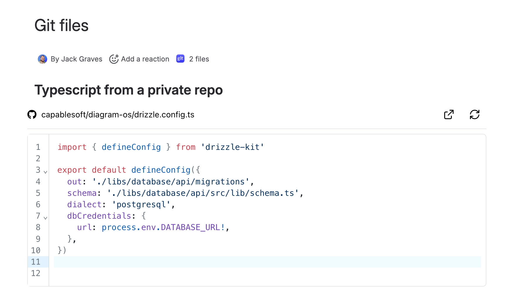 A Confluence page called Git files, with a byline showing a count of two files, a heading, a GitHub file path for a Capable repository, and a TypeScript configuration file rendered with line numbers a