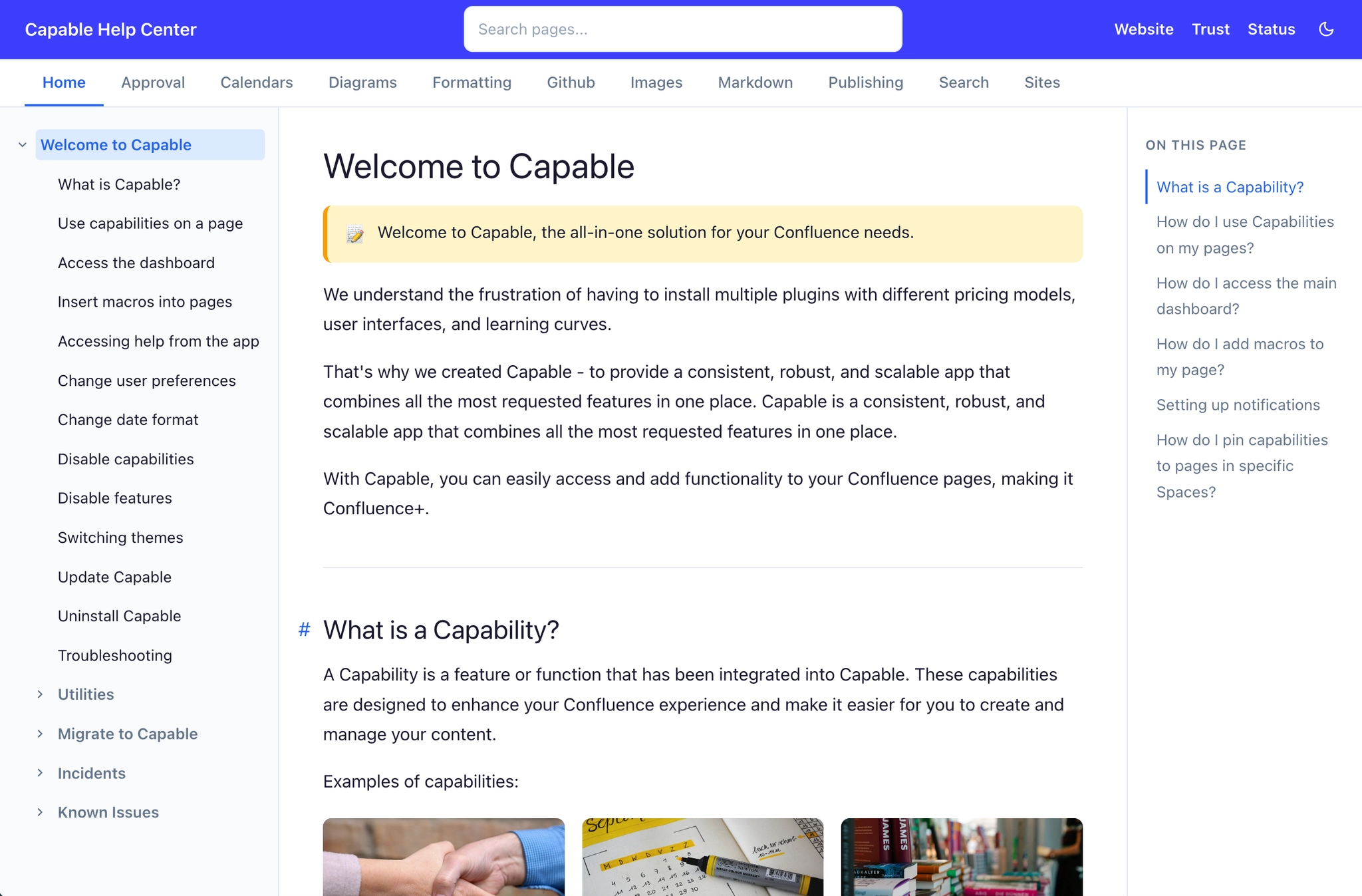 Published documentation site called Capable Help Center, with a blue header and search box, a row of space tabs, a left page tree, an article titled Welcome to Capable, and an On this page list on the