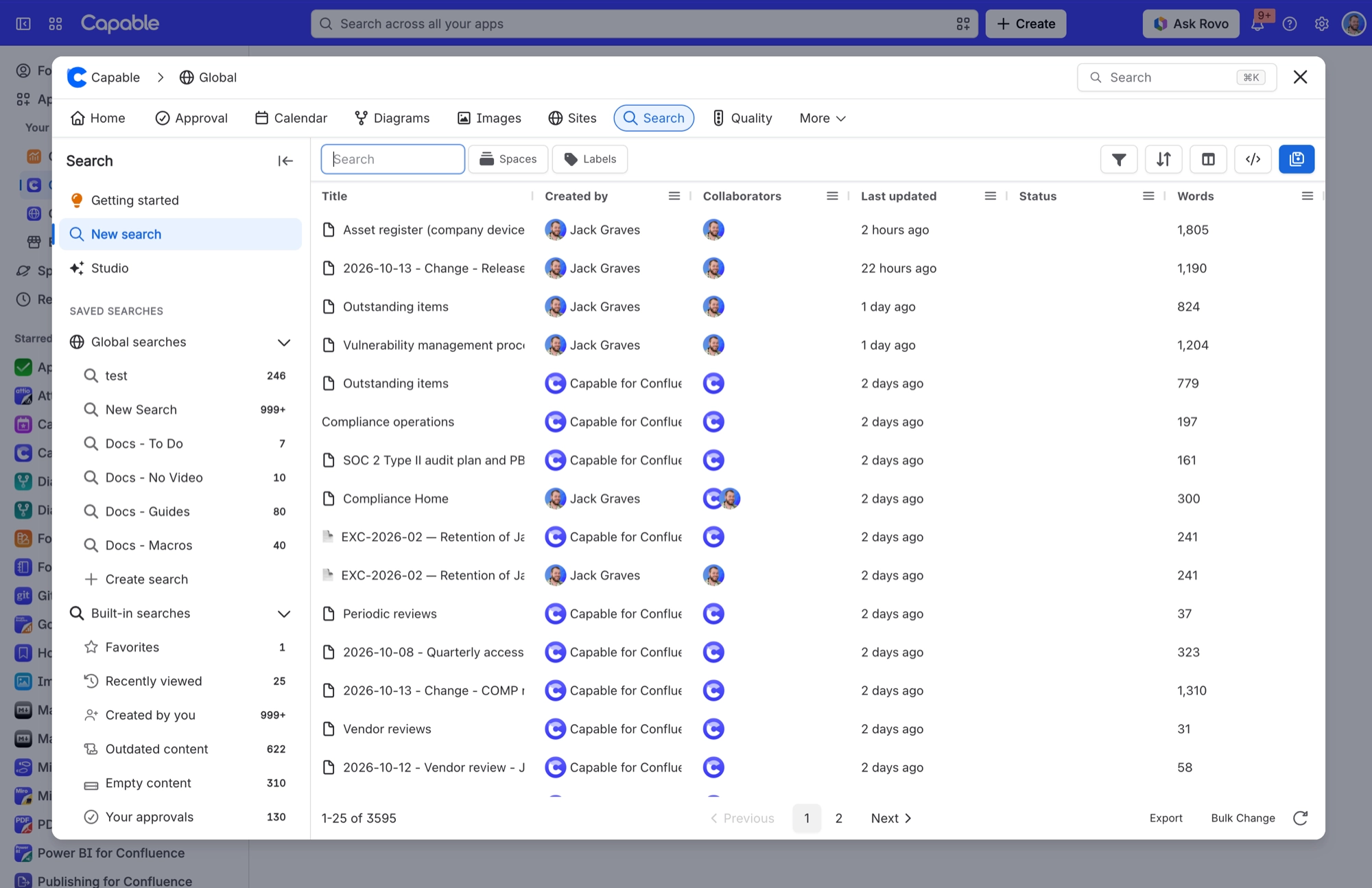 Capable Search results table with Title, Created by, Collaborators, Last updated, Status and Words columns, and a word count for each page