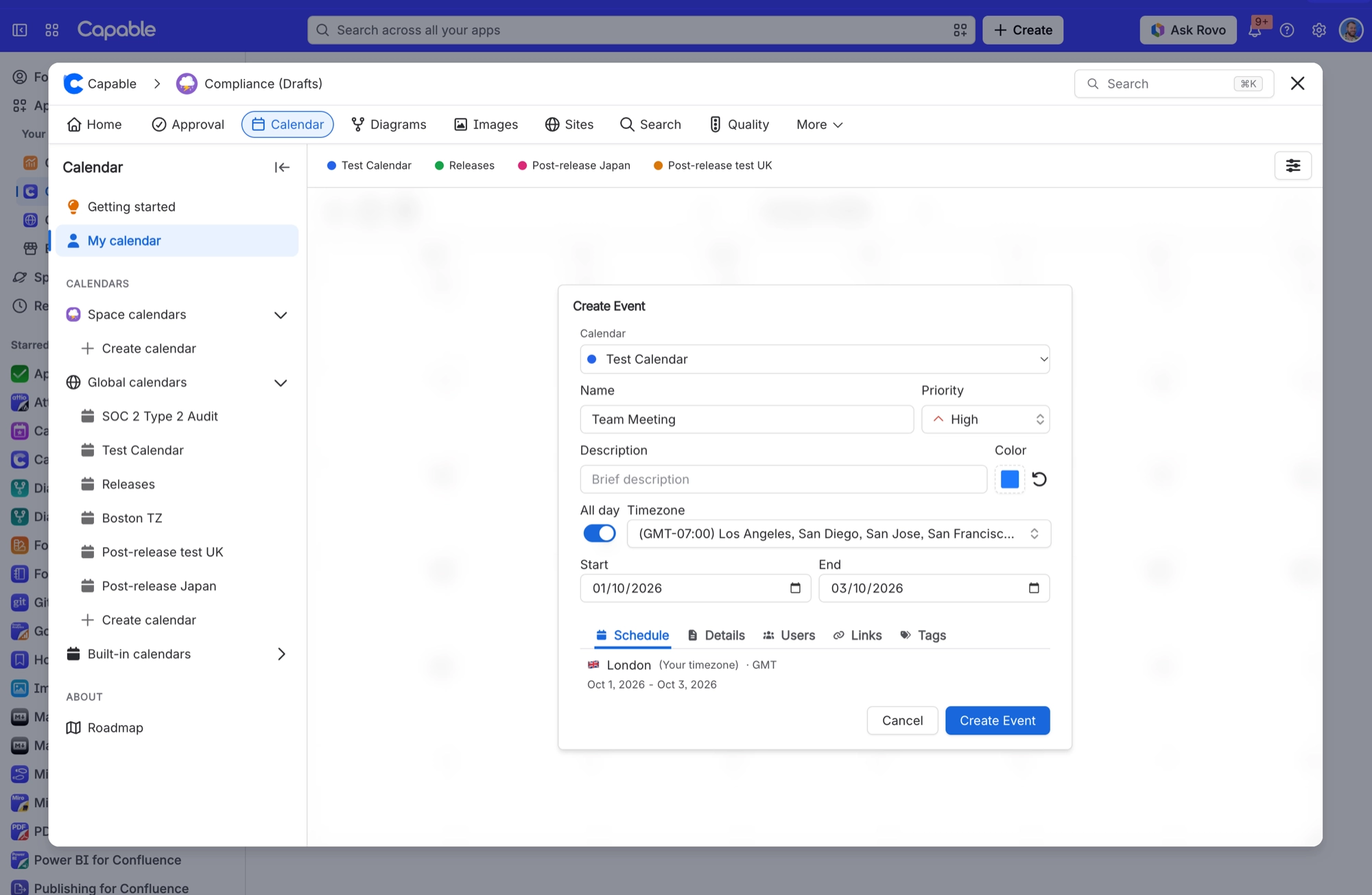 Create Event dialog with calendar, name, priority, colour, all day, timezone and start and end date fields