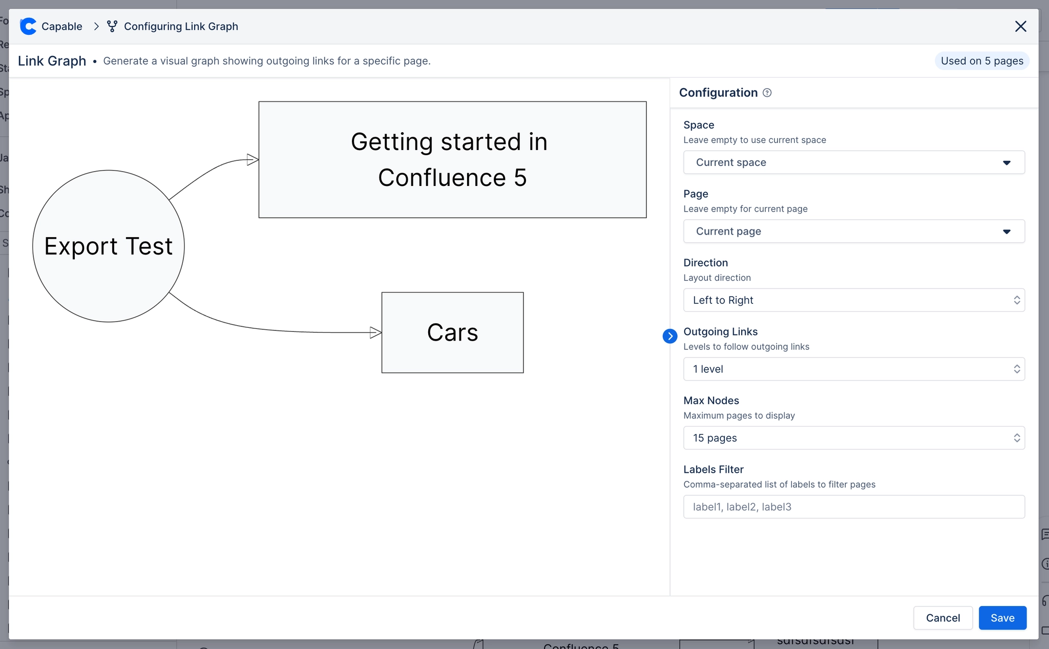 The Configuring Link Graph dialog, with a graph of one page linking to two others on the left and fields for space, page, direction, outgoing links, max nodes and a labels filter on the right.