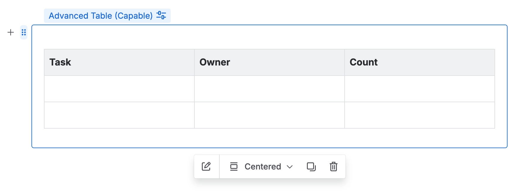The Confluence editor showing an Advanced Table (Capable) macro chip above a bordered container holding an empty three column table with the headings Task, Owner and Count.