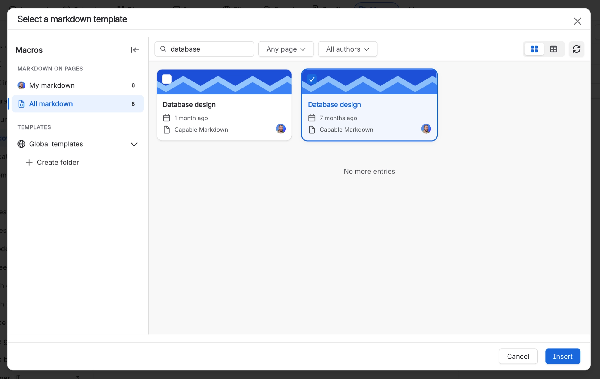 Select a markdown template dialog searching for database, with two Database design cards, one ticked, and an Insert button