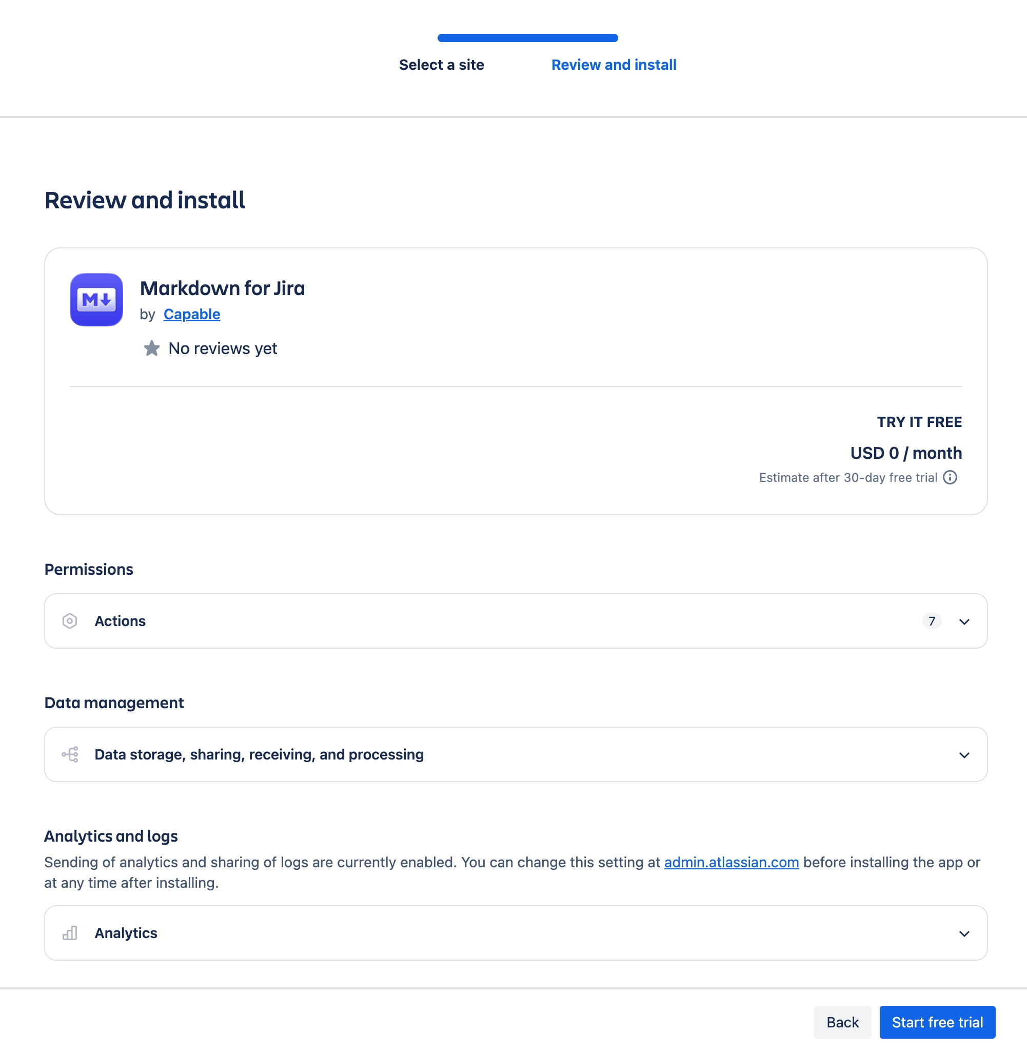 The Atlassian Marketplace review and install screen for Markdown for Jira by Capable, with a permissions section listing seven actions, data management and analytics sections, and a Start free trial b