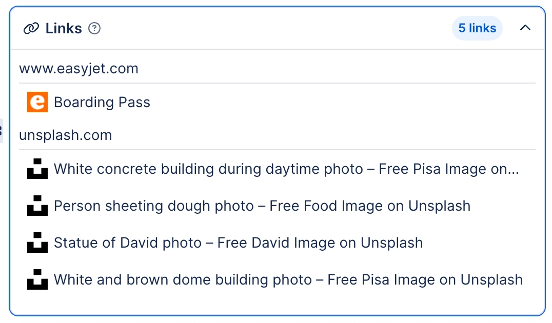 The Links panel in a search side panel, headed five links, with one link under www.easyjet.com and four under unsplash.com, each shown with its page title and site icon.