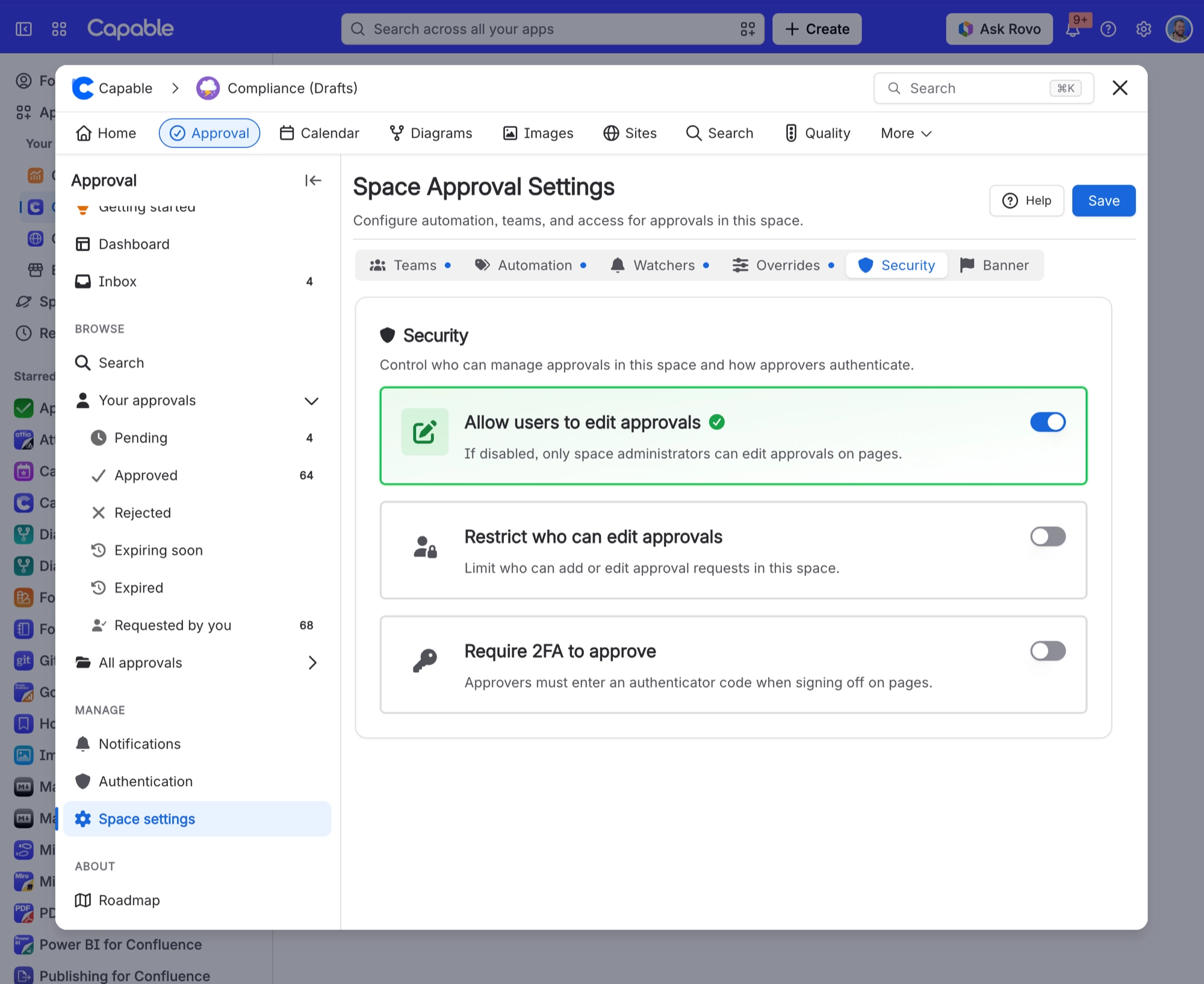 Security tab of Space Approval Settings with Allow users to edit approvals switched on and Restrict who can edit approvals switched off