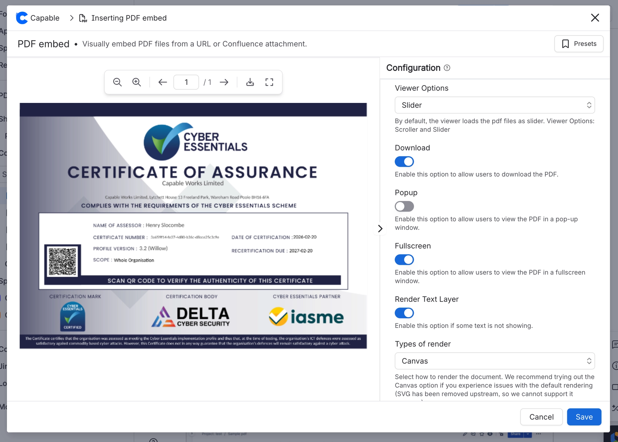 The PDF embed macro editor showing a rendered certificate in the preview on the left and a Configuration panel on the right with Viewer Options set to Slider, Download on, Popup off, Fullscreen on, Re